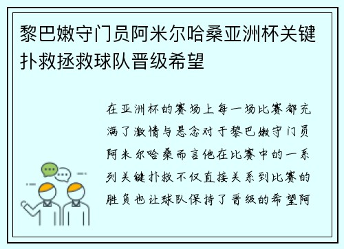 黎巴嫩守门员阿米尔哈桑亚洲杯关键扑救拯救球队晋级希望